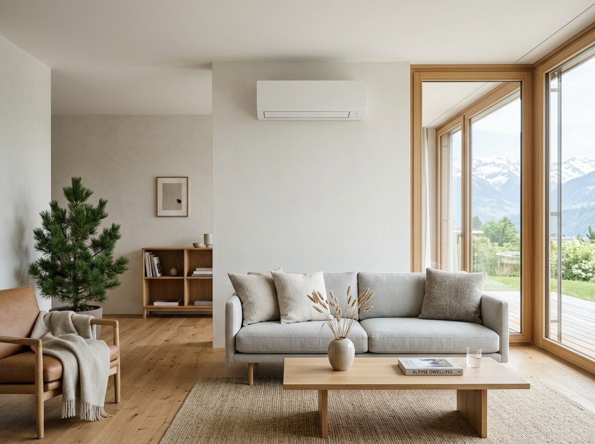 Unité intérieure de climatisation dans un salon suisse moderne