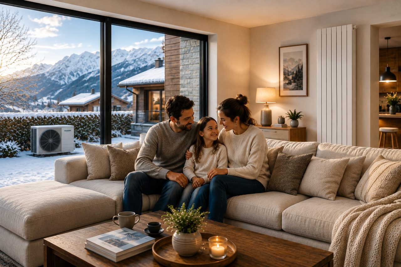 Famille dans un salon chaleureux, avec pompe à chaleur installée à l’extérieur et paysage hivernal