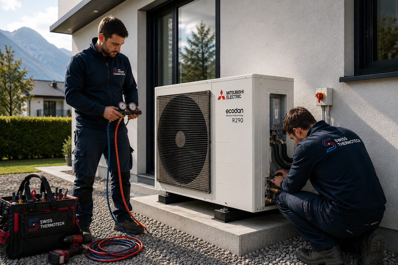 Deux techniciens Swiss Thermo Tech installent une pompe à chaleur